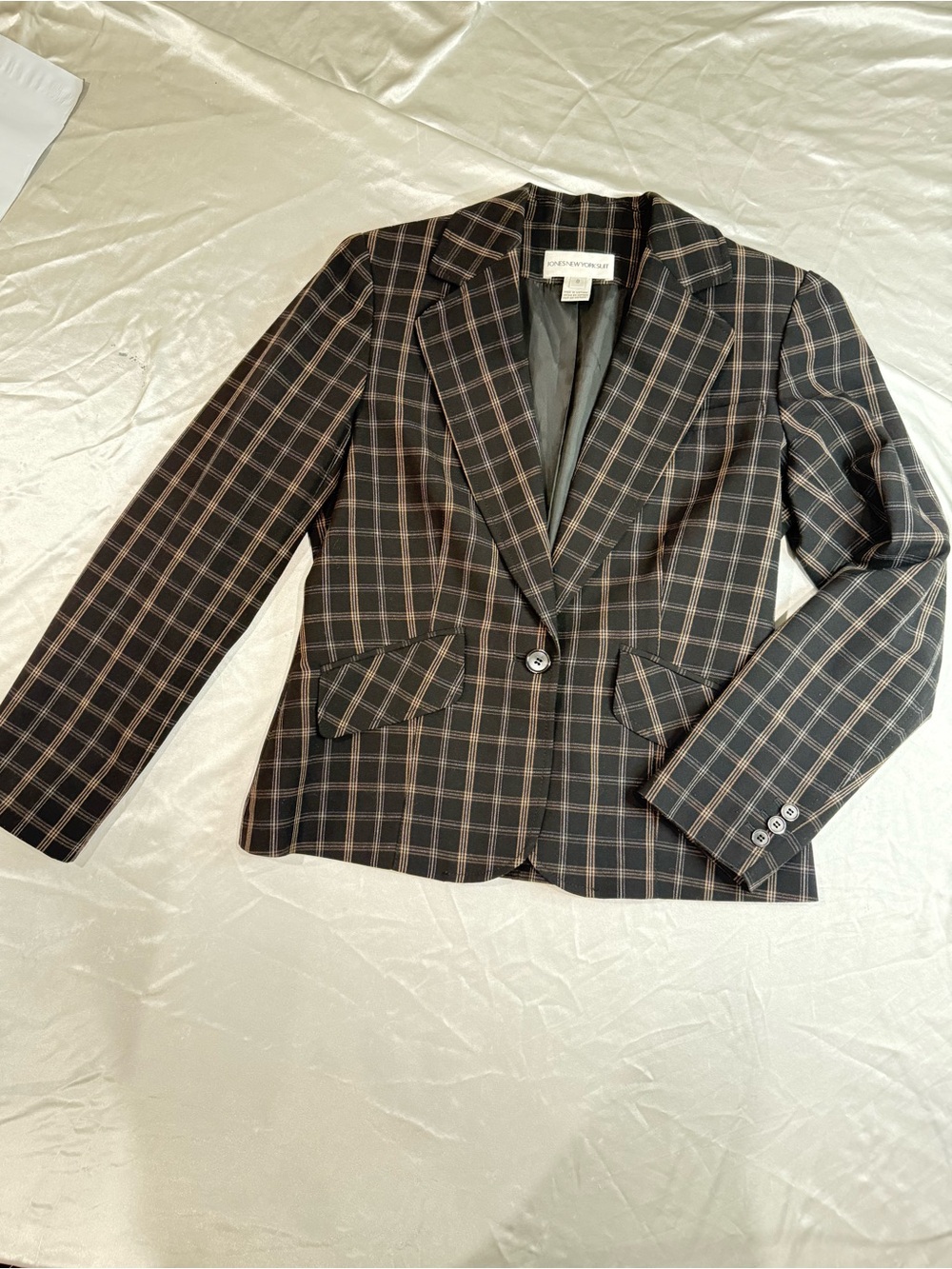 Jones New York Black and Brown Plaid Single-Button Blazer